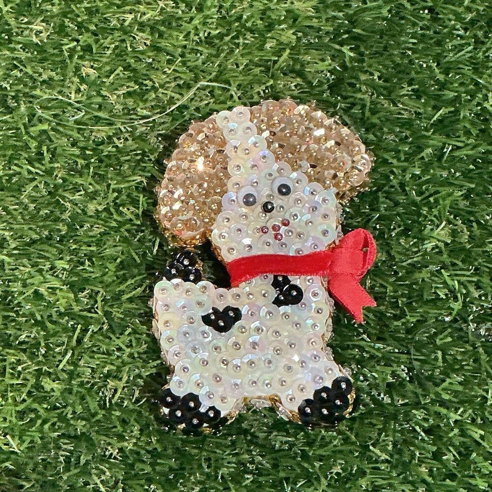 Vintage LeeWards Daisy Poodle Sequin Beaded Christmas Ornament Red Bow 3.5”